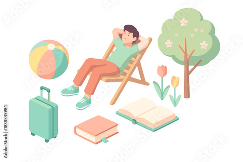 Relaxing vacation scene in pastel tones with beach ball, luggage, and nature elements