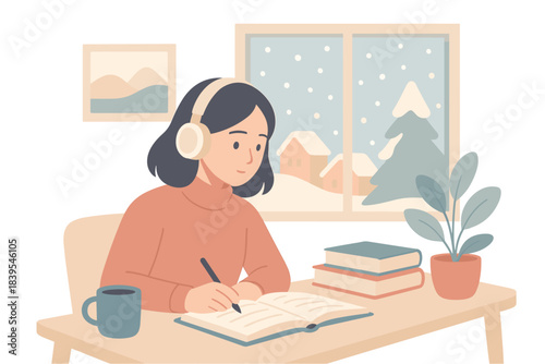 Woman writing in journal with headphones in cozy winter setting at home