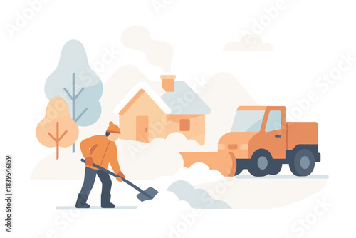 Winter scene: person shoveling snow beside snowplow in minimalist style