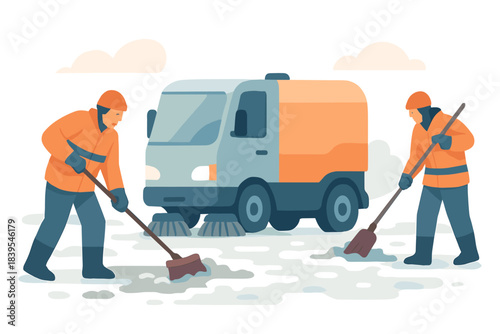 Winter maintenance workers clearing snow near sweeper truck in flat design