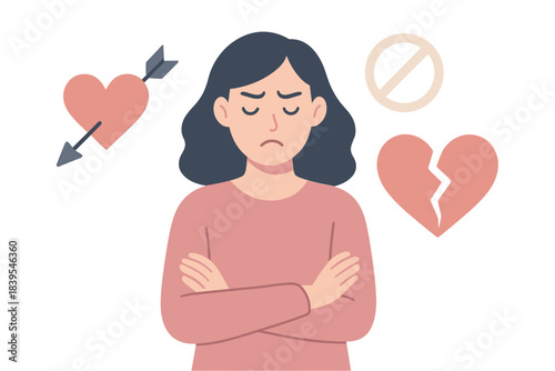Sad woman surrounded by heart symbols representing heartbreak and rejection