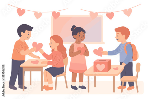 Children celebrating valentine’s day in classroom with crafts and decorations