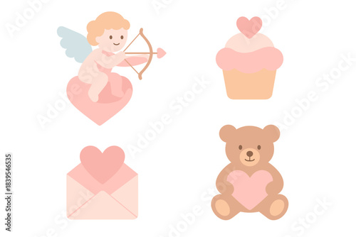 Cute valentine's day icons: cupid, cupcake, envelope, and teddy bear in pastel colors