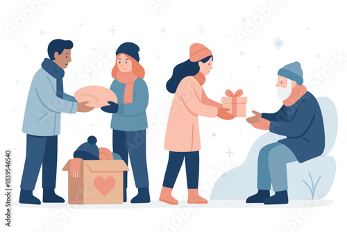Community kindness: people sharing warm clothes and gifts in winter