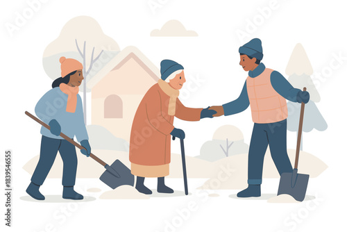 Community snow shoveling scene in winter neighborhood with diverse helpers