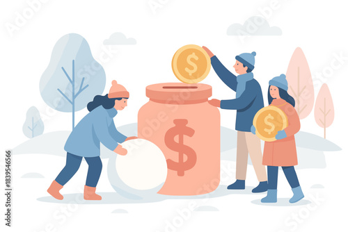 Winter savings concept with people collecting coins in a jar