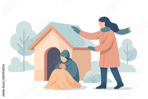 Compassionate woman helping a homeless person in winter scene