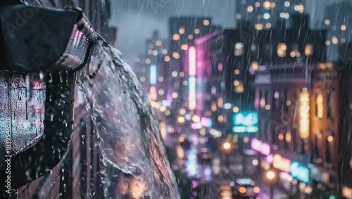 Rain pouring from a gutter overlooking a blurry neon city street