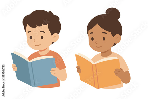 Cute kids reading books together in flat cartoon style