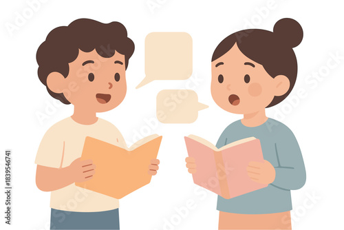 Children reading and talking with speech bubbles - minimalist flat design