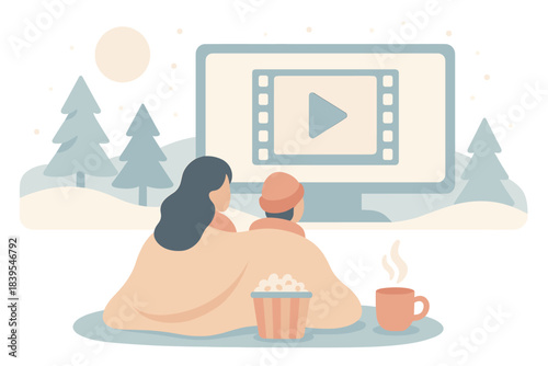 Cozy winter movie night scene with couple under blanket