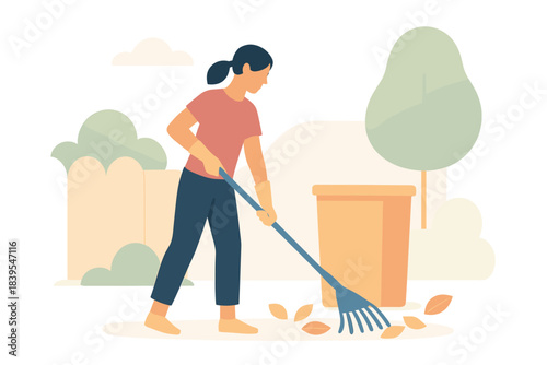 Woman raking leaves in minimalist style garden setting with trees and bushes