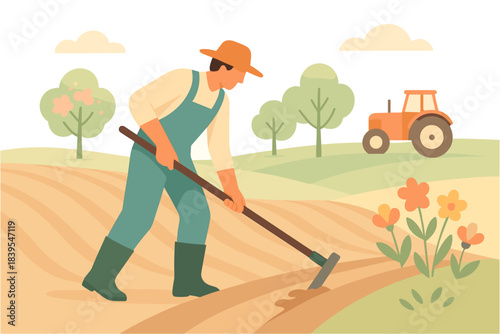 Flat design farmer tilling field in pastoral landscape scene