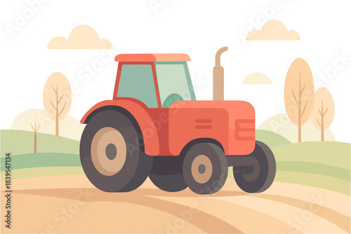 Flat style red tractor on farm landscape with fields and trees in autumn