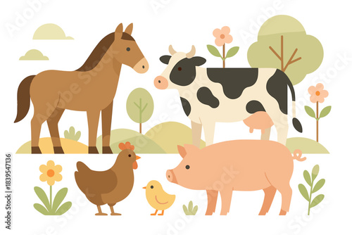 Charming farm animals in pastel colors with nature elements
