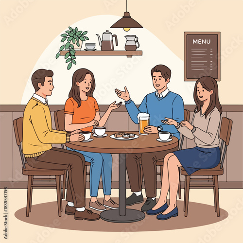 Four friends socializing and talking at a cafe table