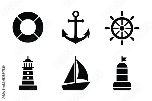Nautical icons set featuring lifebuoy anchor ship wheel lighthouse sailboat and buoy