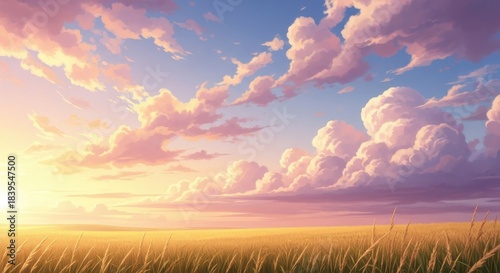 Golden hour glow over a tranquil meadow with soft pastel clouds painting the vast sky, a breathtaking natural landscape scene evoking peace and serenity