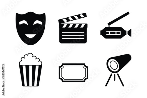 Collection of black and white cinema and theater icons