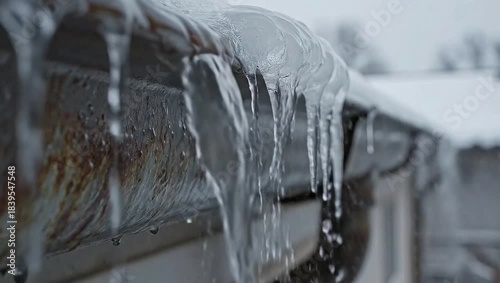 Melting icicles dripping from a rusted gutter in winter