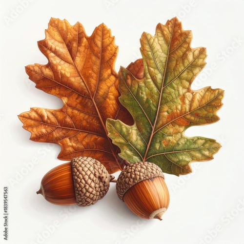 Two Autumn Oak Leaves With Acorns On White Background