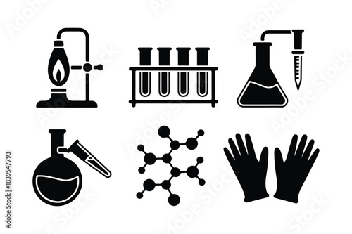 Collection of scientific laboratory equipment and molecular structure icons
