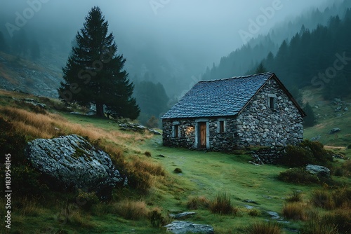 Isolated stone cottage mountain fog high resolution picture