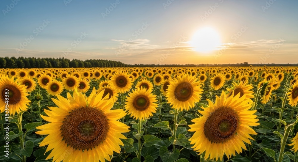 Fototapeta premium Expansive Sunflower Field Under a Golden Sunset Sky, Capturing the Natural Beauty and Serenity of Summer Blooms in Full Glory