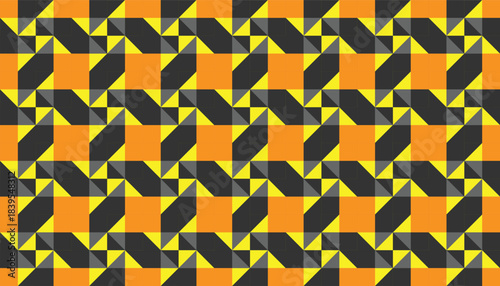 A vibrant geometric pattern composed of alternating triangles arranged in rhythmic diagonal lines. The combination of orange, yellow, and charcoal gray adds a strong contrast