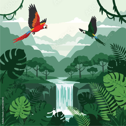 Two macaws flying over a lush tropical waterfall scene