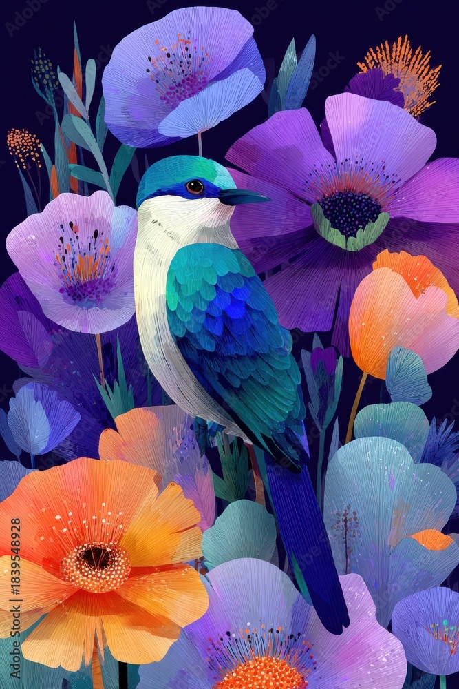 Obraz premium Tropical hummingbird surrounded by neon fantasy flowers