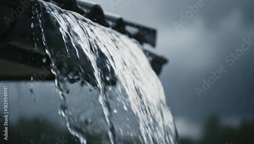 Water pouring from a gutter during a storm