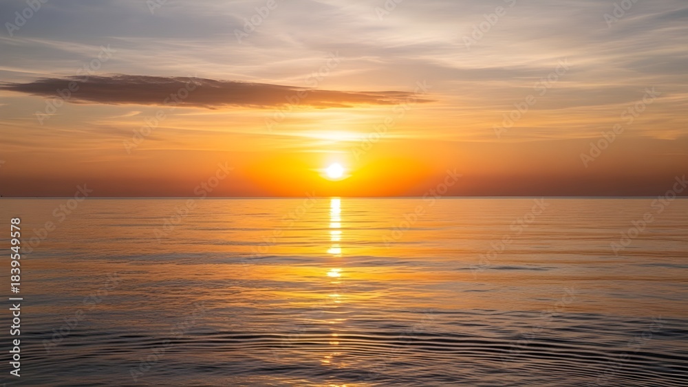 Obraz premium Golden sunset over calm ocean water with vibrant orange and yellow sky