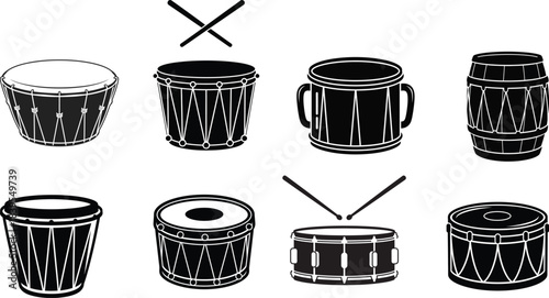 Collection of traditional african drums and sticks in a vintage woodcut style