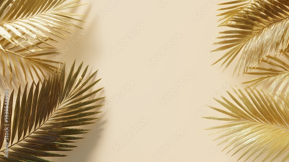 Fototapeta premium Flat-lay background for text, summer sale, featuring palm leaves of pastel tones against ivory background