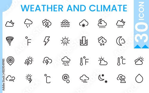 Modern weather icon collection showing detailed climate symbols like rain, sun, wind, storm and snow for UI design, apps, web dashboards and reports.
