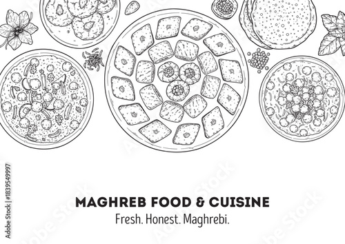 Maghrebi cuisine top view vector illustration. Food menu design template. Hand drawn sketch. Maghreb food menu. Vintage style. Vector drawing illustration.