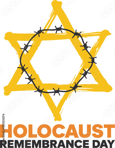 Holocaust Remembrance Day graphic with a distressed yellow Star of David and barbed wire wreath; symbol of oppression, memory, and solemn history