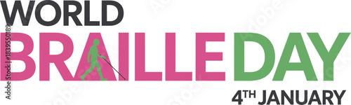 World Braille Day 4th January vector graphic with full silhouette of a blind person using a guide cane; independence and mobility concept