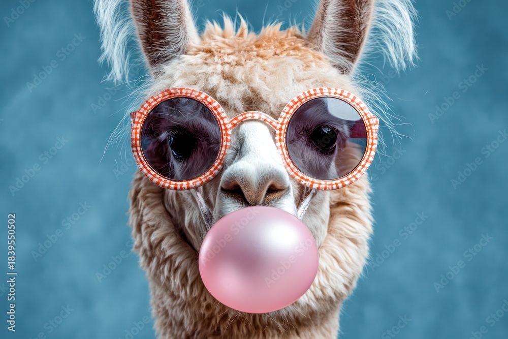 Obraz premium Playful Llama Wearing Shades Blowing Huge Gum Bubble