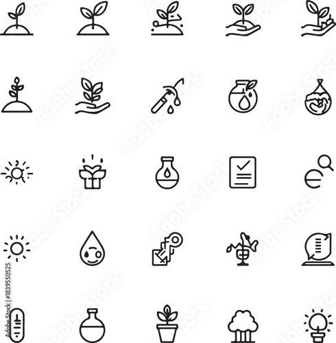 Gardening and agriculture line icon set. Vector pictograms of grow your own food concept, watering can, seedling in hand, sprout in soil, farmer, bee pollination, fertilizer.
