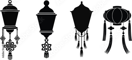 Vintage asian lanterns collection silhouette vector illustration isolated on white background