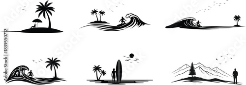Tropical island collection black and white vintage style vector illustration set