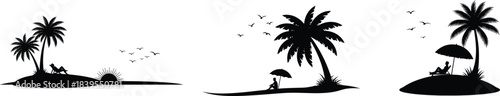 Tropical island silhouette with palm trees and white background illustration
