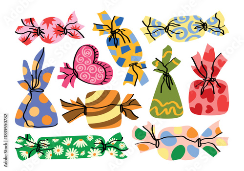 Set of illustrations of various candies with colorful wrappers in a hand drawn cartoon style. Vintage flat collection of sweets. Dessert, treat, sweet holiday food. Sugar snack, confectionery concept.