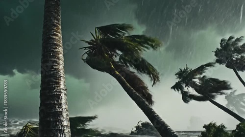 Dramatic Tropical Storm With Bending Palm Trees Against Dark Stormy Clouds and Rough Ocean Waves Under Heavy Rainfall