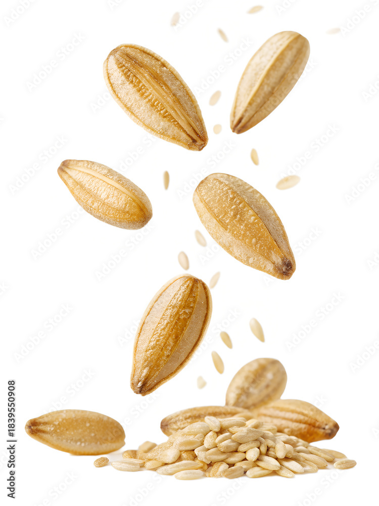Obraz premium Falling Oat Grains on a Pile Isolated on White.
