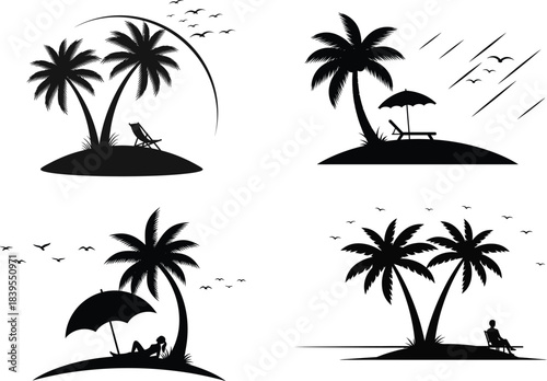 Tropical island paradise silhouettes with palm trees and relaxing beach scenes