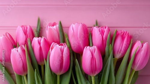 Beautiful bouquet of pink tulips is lying on a pink background with copy space