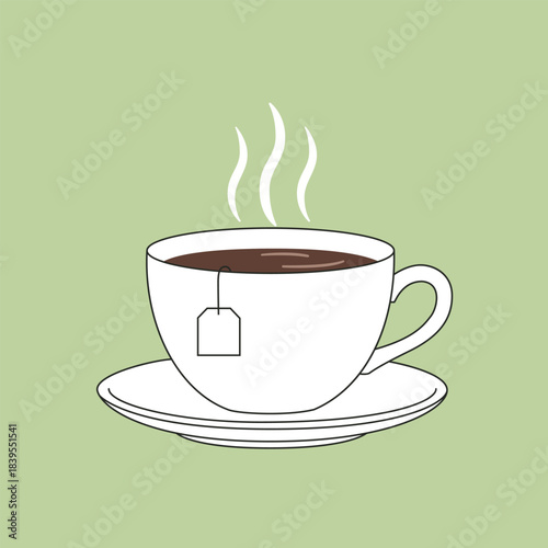 White ceramic cup of hot black tea with tea bag and steam rising vector illustration.